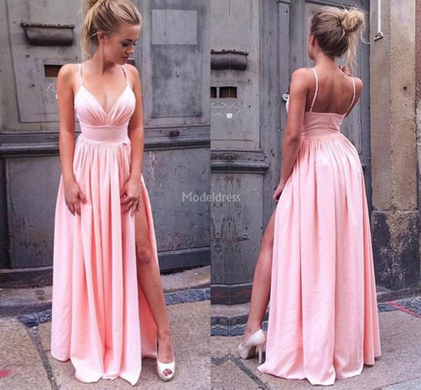 Pink Prom Dresses Spaghetti Straps High Side Split Sweep Train Special Occasion Dresses A Line Cheap Formal Party Evening Gown Vestidos