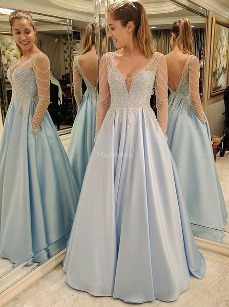 Gorgeous Prom Dresses Illusion Long Sleeves Beads Backless A Line Sweep Train Pockets Formal Party Evening Gowns Unique Design Vestidos