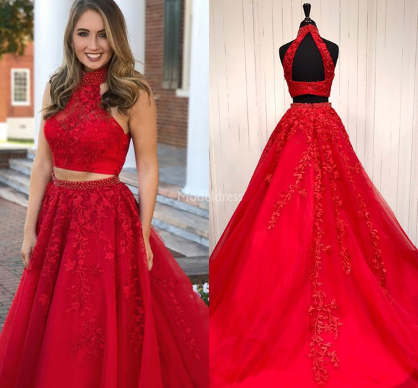 Gorgeous Lace Red Prom Dresses Two Pieces Open Back Appliques Sweep Train Beads Elegant Special Occasion Dress Plus Size Hot Party Prom Gown