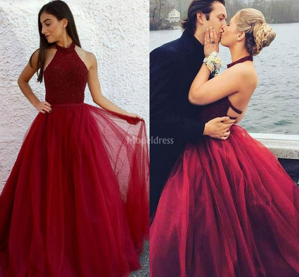 Gorgeous Prom Dresses Beads Biling Halter Neck Tulle Sweep Train Special Occasion Dresses Sexy Formal Party Evening Gowns Chic Vestidos