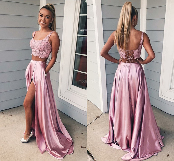 Elegant Lace Pink Prom Dresses Two Pieces High Side Split Sweep Train Formal Party Evening Gowns Sexy Special Occasion Dresses Chic Vestidos