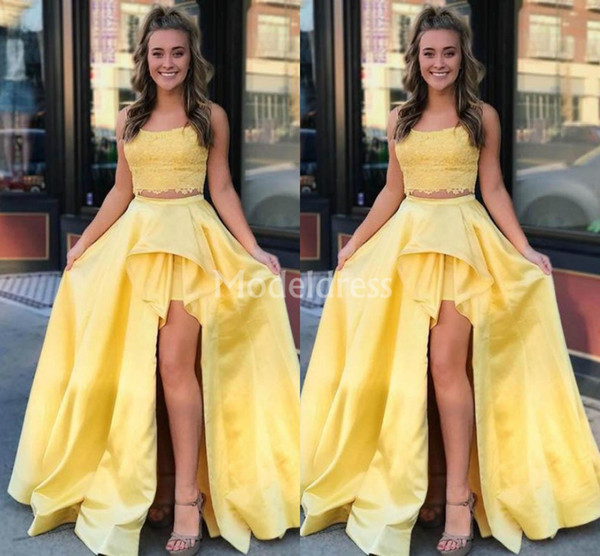 Gorgeous Yellow Lace Prom Dresses Scoop Neck Two Pieces High Side Split Sweep Train Formal Party Evening Gowns Cheap Vestidos De Fiesta