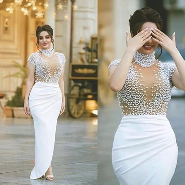 white prom dresses high neck cap sleeve pearls beading side slit sheath evening dresses arabic formal dresses