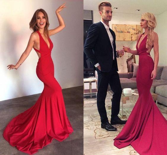 Simple Prom Dresses Backless Satin Red Mermaid Sexy Evening Dresses Vestidos de Fiesta Cheap Formal Dresses