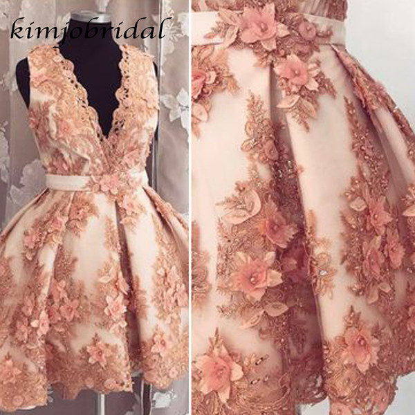Short Prom Dresses Champagne V Neck Lace Ball Gown Hand Made 3D Flowers Knee Length Women Evening Dresses