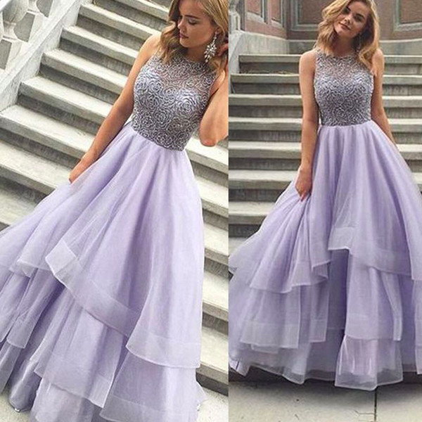 Ball Gown Prom Dresses Beading Bodice Lavander Sheer Crew Neckline Ruffle Puffy Floor Length Evening Dresses Formal Dresses 