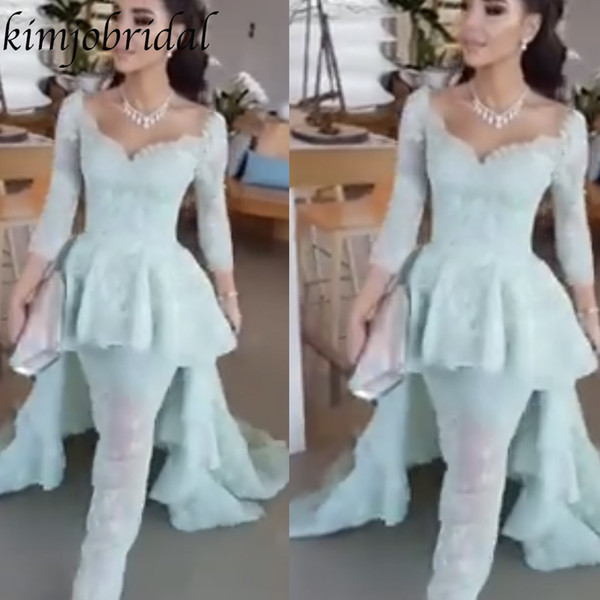 Blue Prom Dresses Sweetheart Neckline Lace Peplum Long Sleeve Sheath Floor Length Evening Dresses Arabic