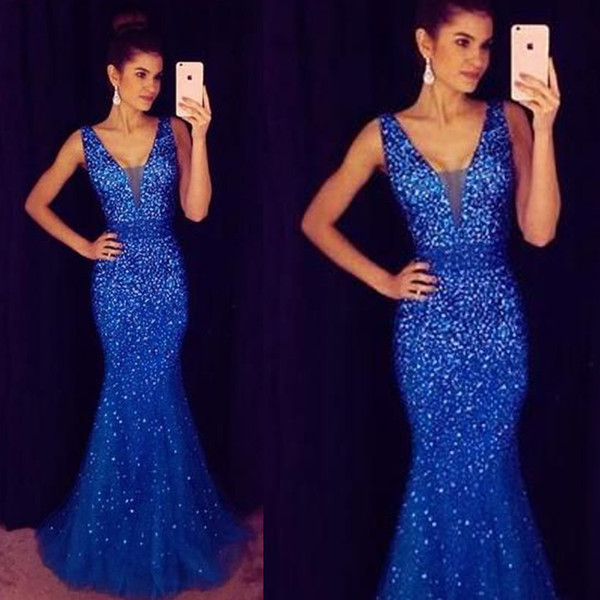 Prom Dresses Royal Blue V Neck Beading Crystal Mermaid Evening Dresses V Neck Floor Length Tulle Party Dresses