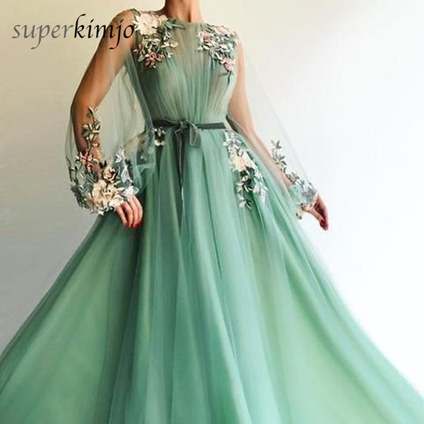 Green Prom Dresses Lace Appliques Tulle Long Sleeve A Line Floor Length Flowers Long Evening Dresses Gowns