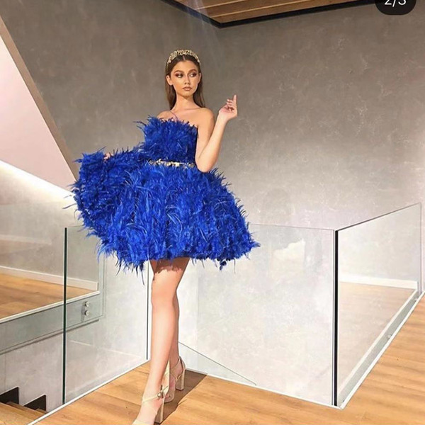 short prom dresses royal blue feather strapless neckline ball gown short homecoming dresses cocktail dresses mini party dreses