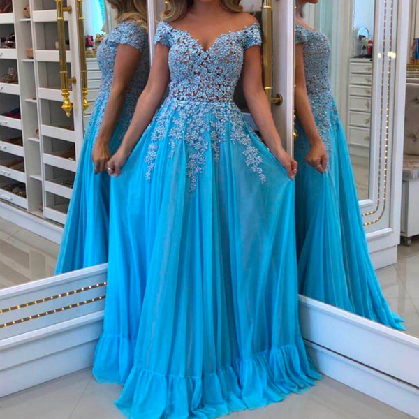 lace prom dresses off the shoulder short sleeve a line chiffon arabic evening dresses vestidos de fiesta