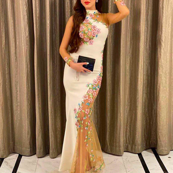 embroidery prom dresses high neck long sleeve white satin long evening dresses mermaid formal dress