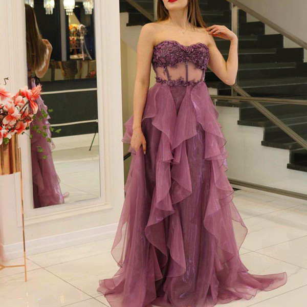 purple prom dresses sweetheart neckline lace appliques ruffle organza floor length evening dresses