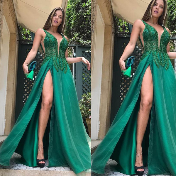 green prom dresses v neck lace beading pearls side slit a line floor length evening dresses vestidos de fiesta