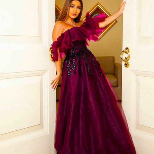 burgundy prom dresses off the shoulder short sleeve organza long evening dresses lace appliques formal dress