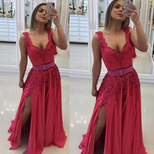 pink prom dresses deep v neck lace appliques pearls side slit chiffon a line evening dresses