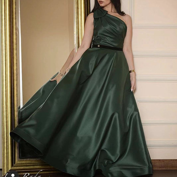 green prom dresses one shoulder bow pleats a line satin floor length long evening dresses arabic party dresses vestidos de fiesta