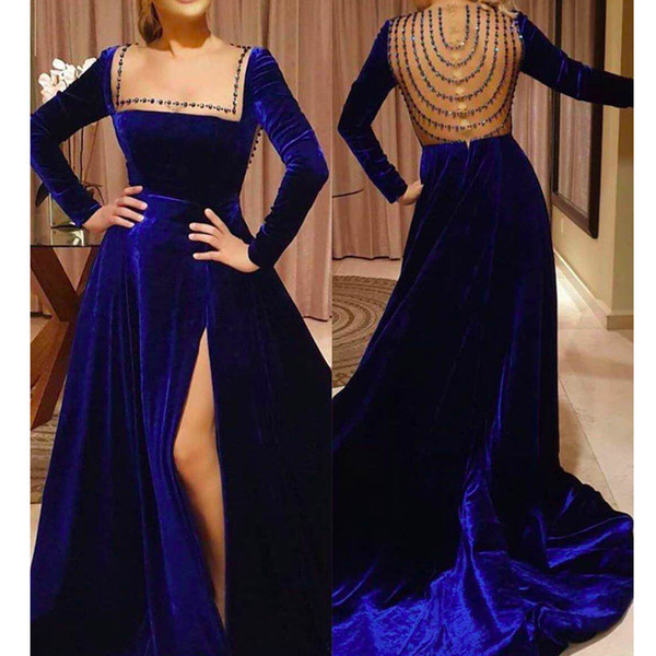 royal blue prom dresses square neckline crystal rhinestone velvet side slit evening dresses fashion party dresses vestidos de fiesta