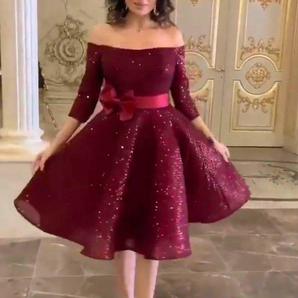 burgundy prom dresses off the shoulder long sleeve sequins sparkly shinning short evening dresses homecoming dress