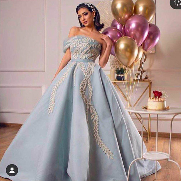 blue prom dresses lace appliques beading one shoulder ball gown satin floor length evening dresses vestidos de fiesta