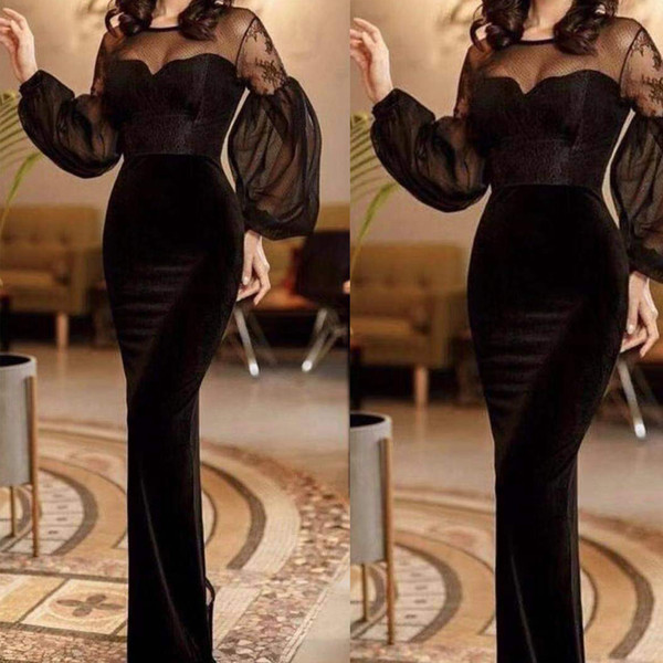 long sleeve prom dresses sheer crew neck mermaid velvet black evening dresses arabic formal dresses