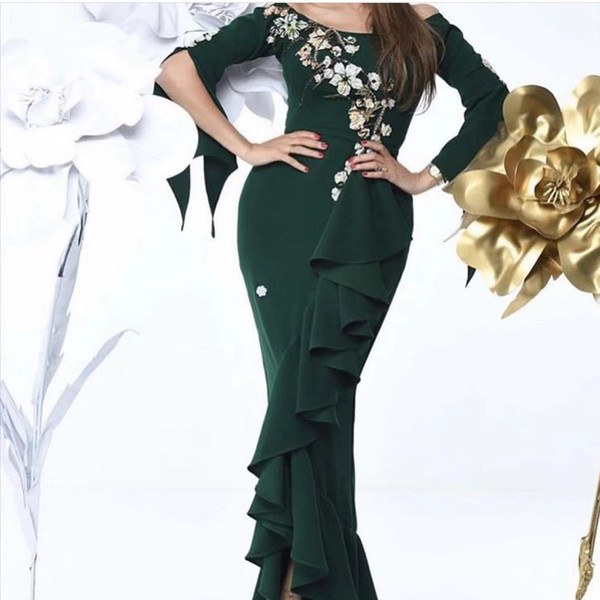 green prom dresses scoop neck embroidery long sleeve ruffle front slit flowers lace mermaid evening dresses gowns