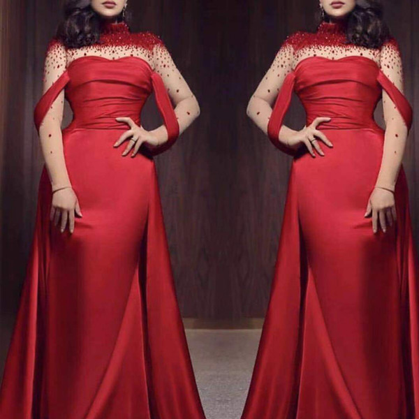 red prom dresses high neck crystal long sleeve satin long sleeve evening dresses vestidos de fiesta arabic