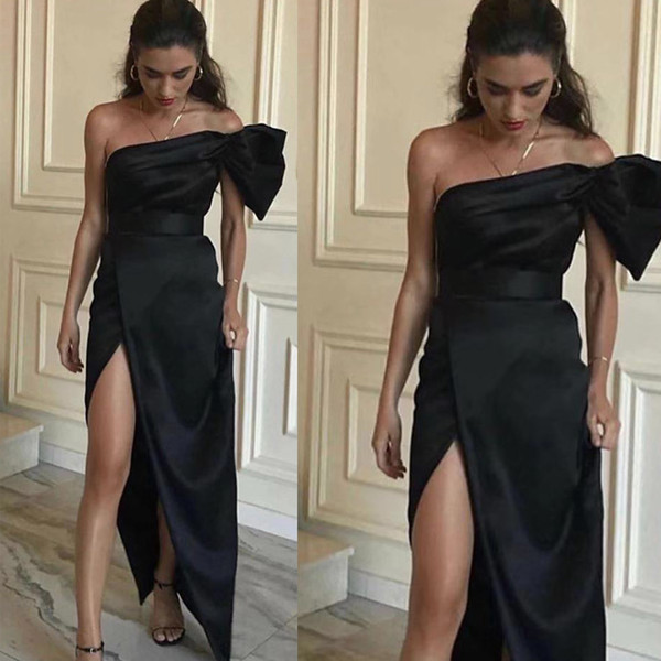 black prom dresses one shoulder pleats bow side slit black satin evening dress vestidos de fiesta