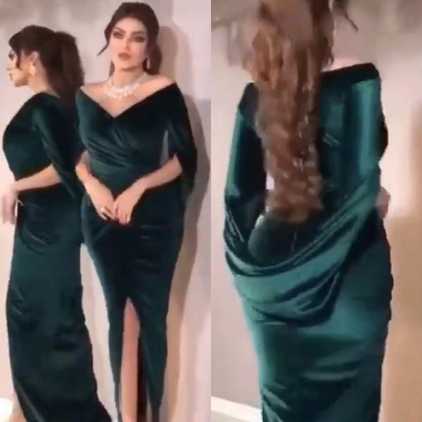 green prom dresses v neck long sleeve draped front slit pleats velvet mermaid evening dresses formal dress