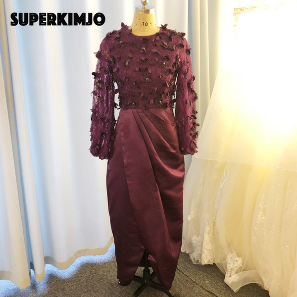 real prom dresses burgundy hand made flowers crew neck long sleeve crystal sheath wine red evening dresses gowns