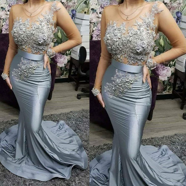 sliver prom dresses lace appliques flowers mermaid satin evening dresses beaded evening gowns