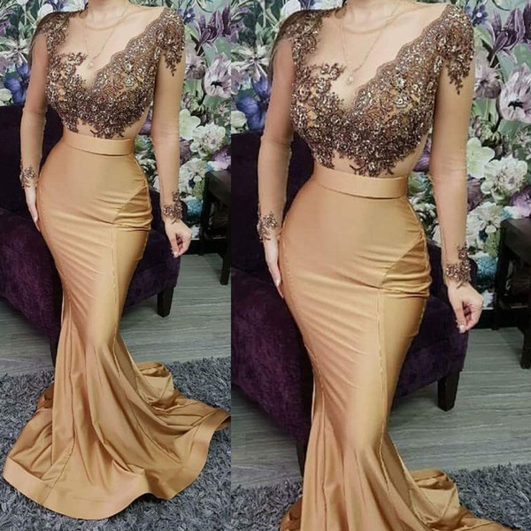 beaded prom dresses gold mermaid evening gowns long sleeve lace applilques flowers party dresses