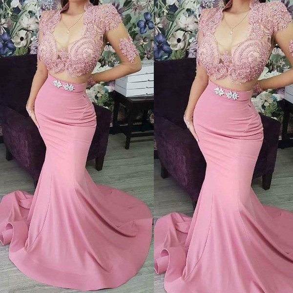 two pieces prom dresses long sleeve pearls beading lace appliques satin pink evening dresses formal dresses