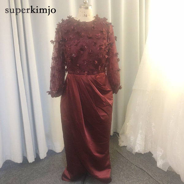 real burgundy prom dresses long sleeve hand made flowers beading pleats front slit evening dresses arabic formal dress