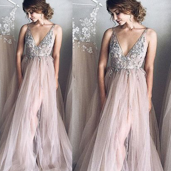 blush prom dresses v neck lace appliques flowers a line floor length tulle evening dresses gowns