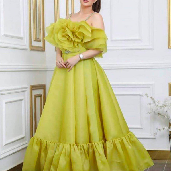 yellow prom dresses square neckline hand made flowers organza evening dresses formal dresses vestiods de fiesta