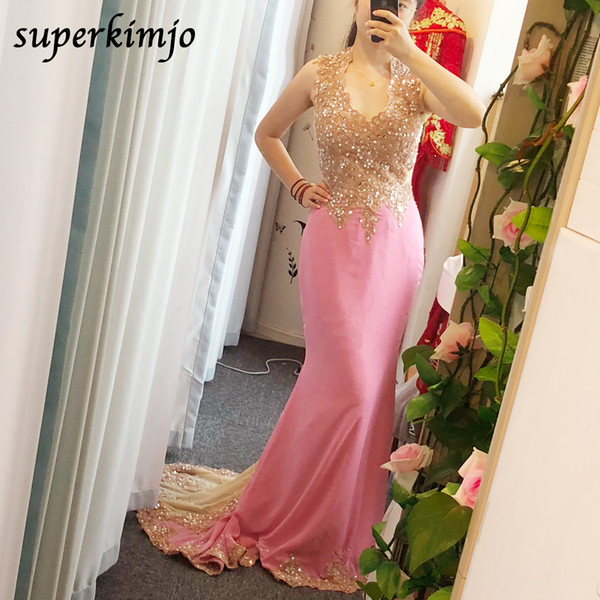 lace prom dresses real picture mermaid pink sweetheart neckline court train appliques chiffon beaded evening dresses