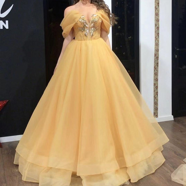 yellow prom dresses off the shoulder lace appliques tulle a line flowers champagne evening gowns