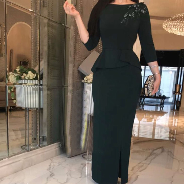 black prom dresses crew neckline beading crystal pearls long sleeve sheath side slit floor length evening dresses vestidos de fiesta