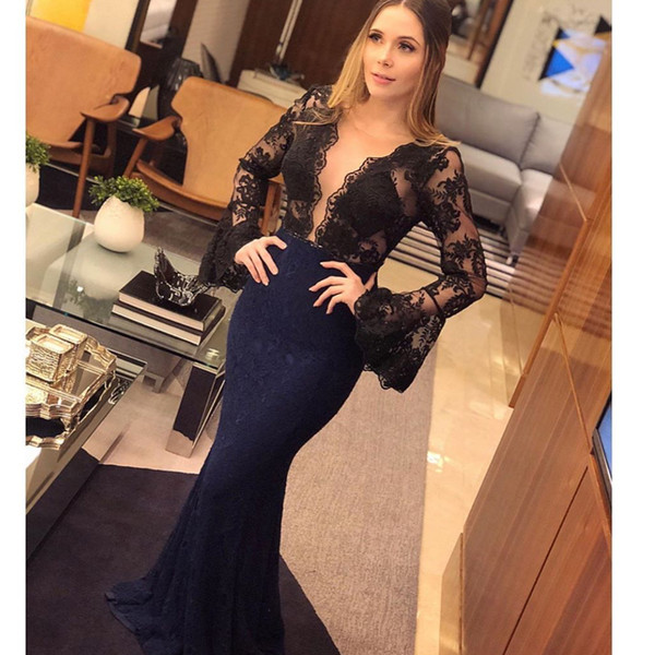 black prom dresses deep v neck long sleeve mermaid black lace evening dresses vestidos de fiesta evening gowns