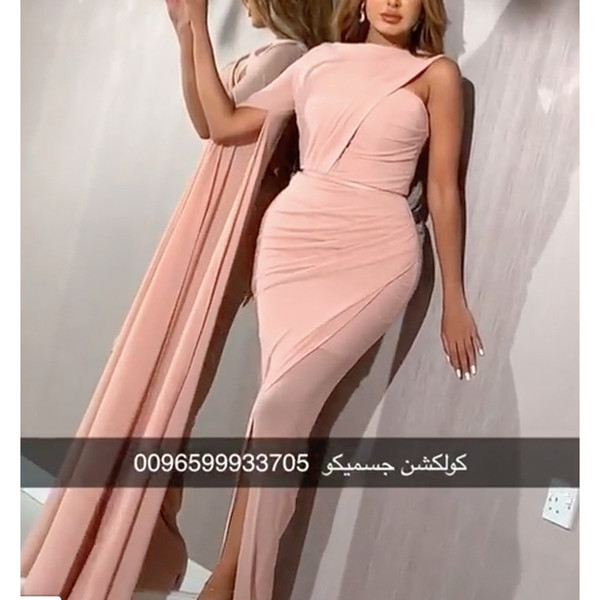 mermaid prom dresses pleats long sleeve sashes front slit pink evening dresses arabic party dresses vestidos de fiesta