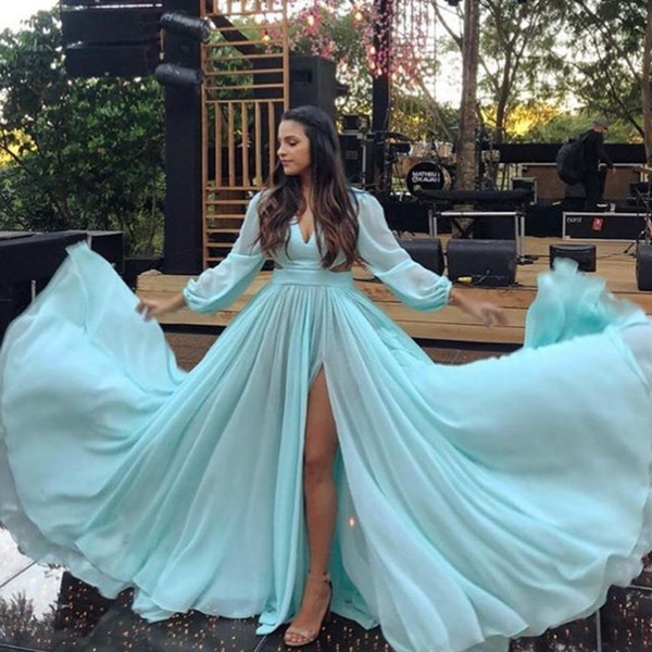 blue prom dresses long sleeve front slit pleats chiffon evening dresses sexy formal dress cheap