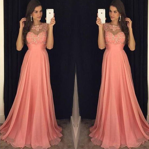 Coral Prom Dresses Beaded Lace Appliques A Line Chiffon Floor Length Evening Dresses Gowns Vestidos de Fiesta