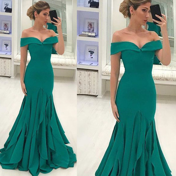 Green Prom Dresses Off the Shoulder Sweetheart Neckline Satin Ruffle Green Mermaid Long Evening Dresses Gowns