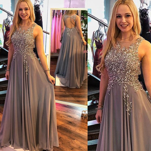 Grey Prom Dresses Lace Appliques Beading Sequins A Line Chiffon Floor Length Evening Dresses Gowns Vestidos de Fiesta