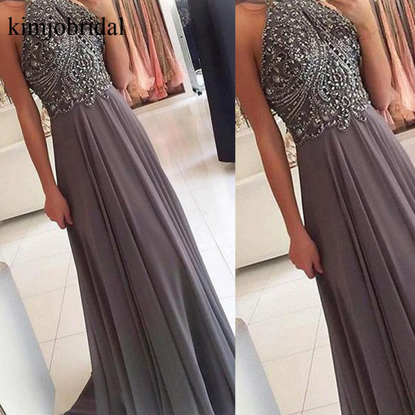 Beaded Prom Dresses Halter Neckline Beading Sequins A Line Chiffon Floor Length Evening Dresses Vestidos de Fiesta