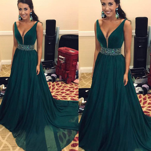 Green Prom Dresses Deep V Neck Beading Crystal Chiffon A Line Floor Length Green Evening Gowns Vestidos de Fiesta