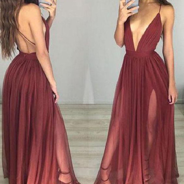 Sexy Prom Dresses Burgundy Pleats Deep V Neck Pleats Backless A Line Floor Length Burgundy Evening Dresses Gowns