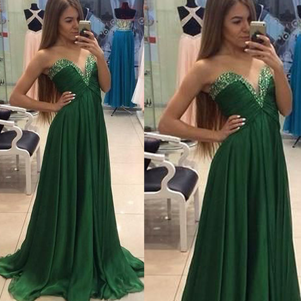 Green Prom Dresses Sweetheart Neckline Beading Sequins A Line Chiffon Evening Dresses Gowns Cheap Party Dresses