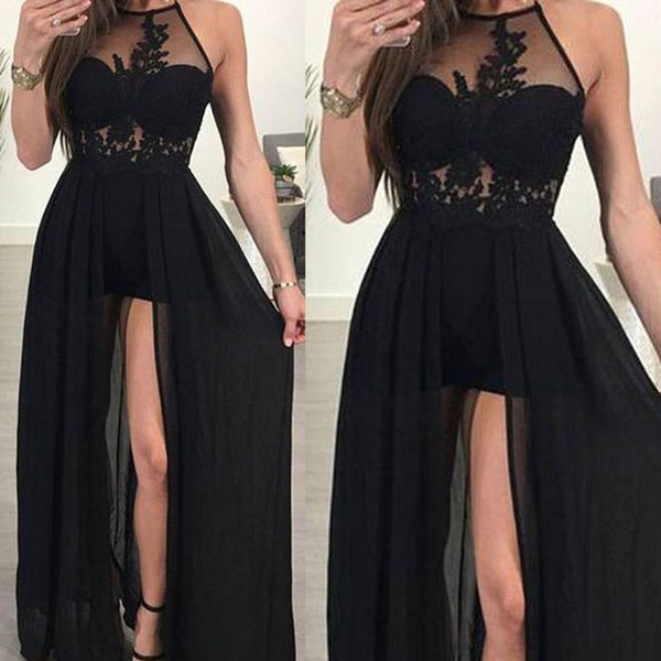 Black Prom Dresses Sheer Crew Neckline Lace Sleeveless Front Slit Evening Dresses Lace Party Dresses Vestidos